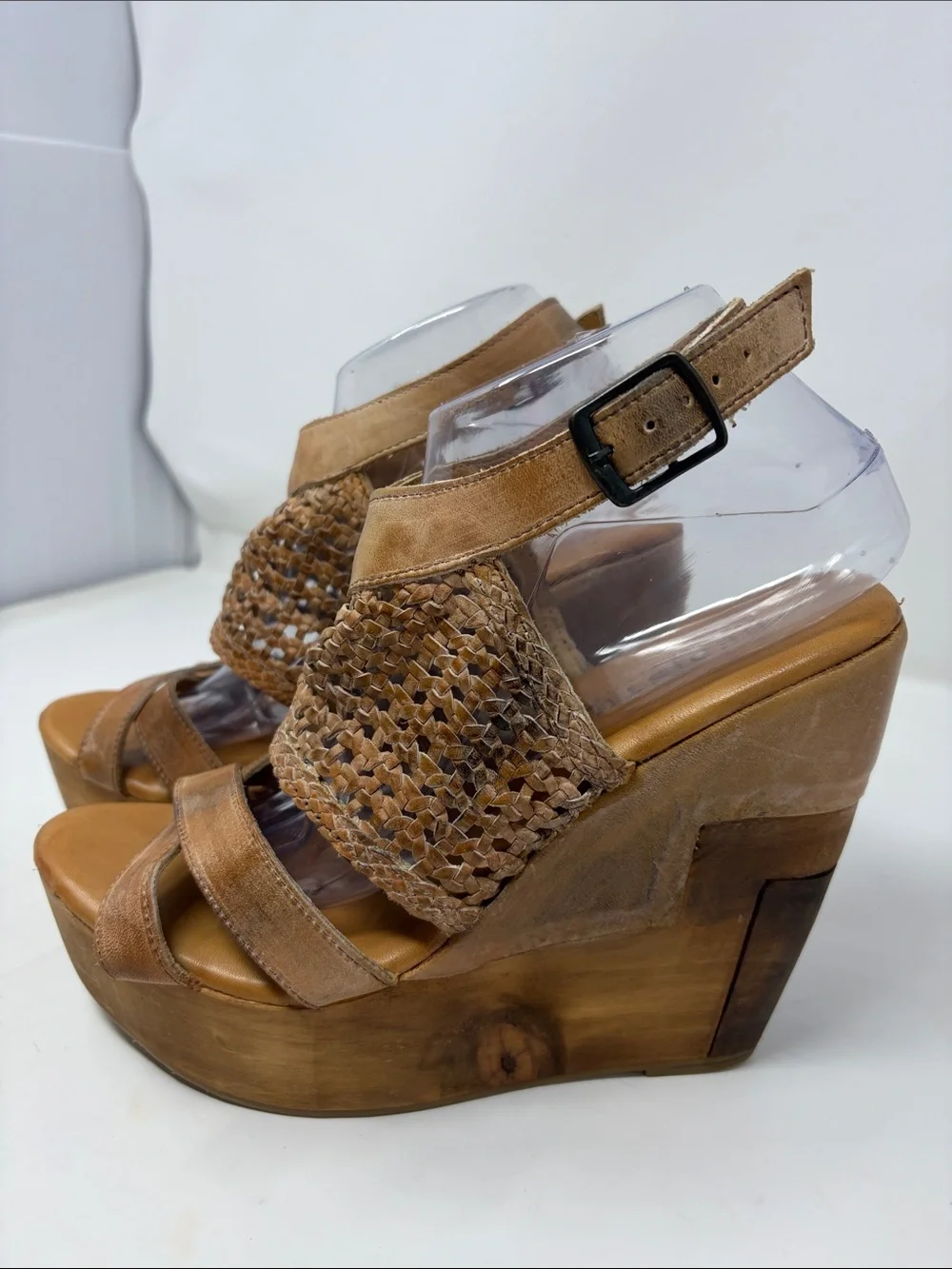 BED|STU Woven Dark Camel Leather Platform Sandals Size 10 Excellent Condition